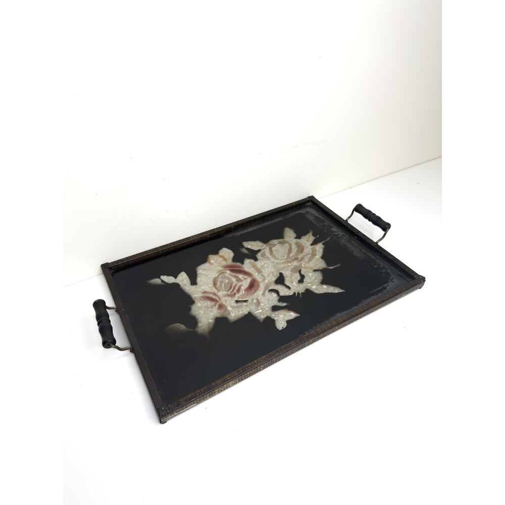 Rare Antique Large Mother of Pearl Rose tray with glass metal and wood brass